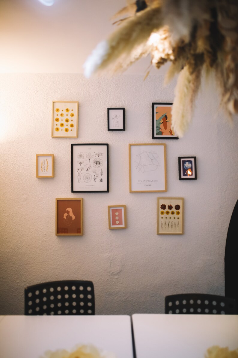 May include: A white wall with a collection of framed artwork and pressed flower displays. The artwork includes botanical illustrations, a map of Provence, France, and a portrait of a woman. The pressed flower displays feature various types of flowers in different colors.