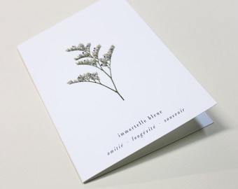 Carte avec fleur séchée · Immortelle Bleue · Carte fleurie, carte herbier, carte de voeux, carte cadeau ou carte d'anniversaire