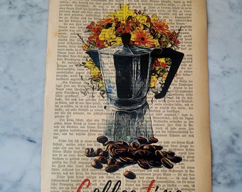 Kunstdruck upcycling Deko Bild Mokkakanne Kaffee Blumenstrauß