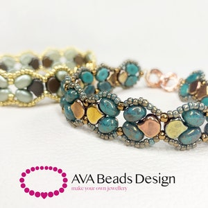 May include: Two beaded bracelets, one in shades of brown and green, the other in turquoise, gold, and copper. The bracelets are made with small, round beads and feature a unique, wavy design. The text "AVA Beads Design make your own jewellery" is visible below the bracelets.