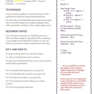 May include: A printable PDF tutorial for making a beaded necklace. The tutorial includes a list of materials, instructions, and a note about extending the length of the necklace. The text includes the words "Before We Start", "Technique", "Designers Notes", "Do's and Don'ts", and "Pg. 1".