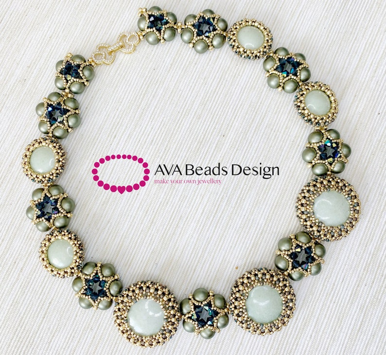 May include: A delicate necklace made with green and gold beads, featuring a repeating pattern of round, faceted stones and star-shaped bead clusters. The necklace is accented with small, clear crystals. The text "AVA Beads Design make your own jewellery" is visible in the image.