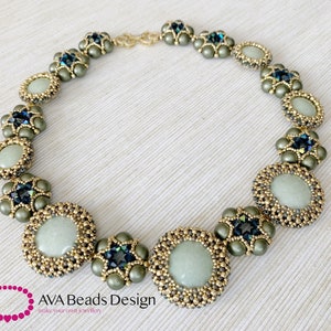 May include: A green and gold beaded necklace with round, light green stones and dark blue crystals. The necklace is made with seed beads and features a repeating pattern of flowers and circles. The necklace is on a white background.