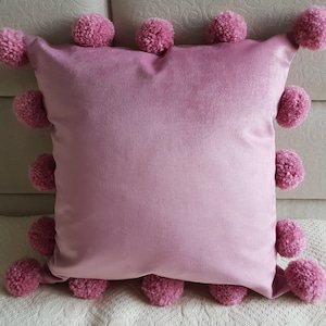 Pink Pom Pom Pillow Cover, Pom Pom Accent Pillow Case, Rose Velvet Pillow Case, PomPom Throw Pillow, Decorative Pom Pom Cushion, Sofa Pillow
