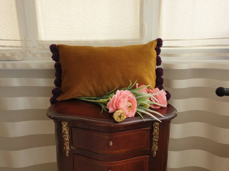 Mustard Pillow Cover With Pom Poms Mustard Pom Pom Throw Etsy