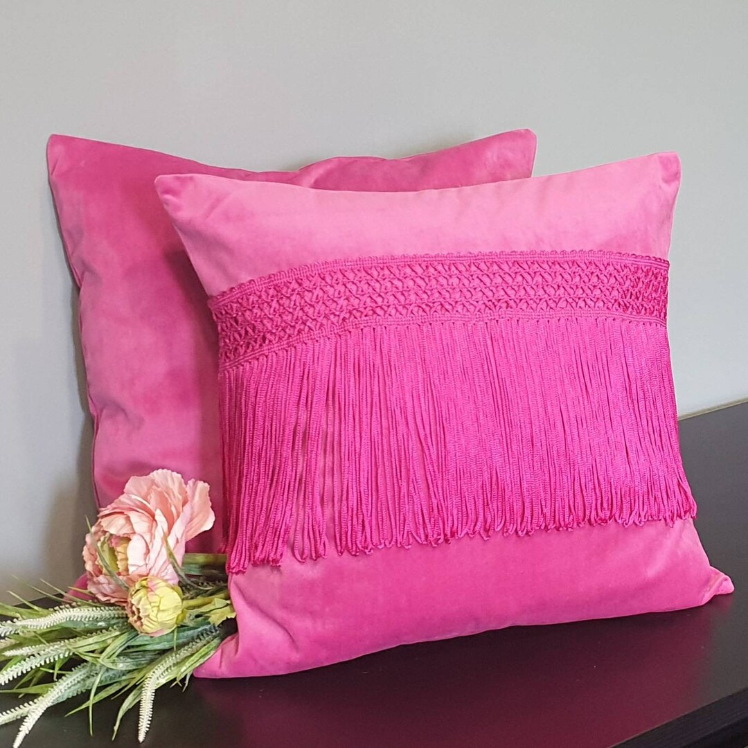 Hot Pink Pillow Case With Fringe, Hot Pink Pillow Cover, Fuchsia Velvet