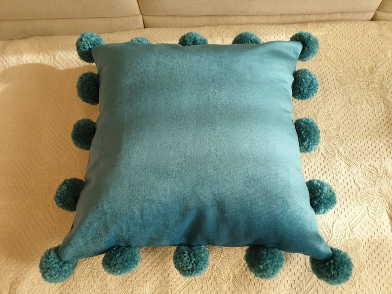 Turquoise Blue Pillow Cover With Pom Poms Blue Pom Pom Pillow Etsy