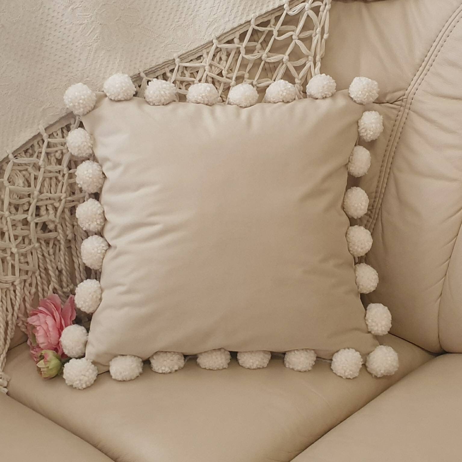 Cream Pillow Cover With Pom Poms Beige Pom Pom Pillow Case Cream Velvet Pillow Cream Throw Pillow Designer Pillowcase Beige Pillow Case Etsy