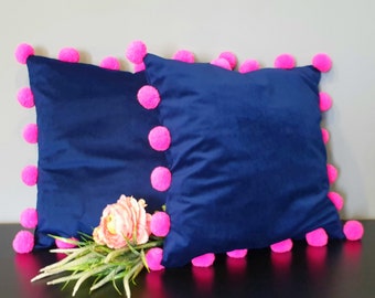 Navy Blue Pillow Cover with Hot Pink Pom Poms, Pom Pom Pillow Case, Navy Blue Velvet Pillow, Blue Throw Pillow, Kids Room Decor, Pink Pompom