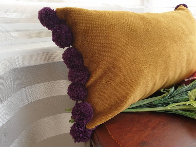 Mustard Pillow Cover With Pom Poms Mustard Pom Pom Throw Etsy