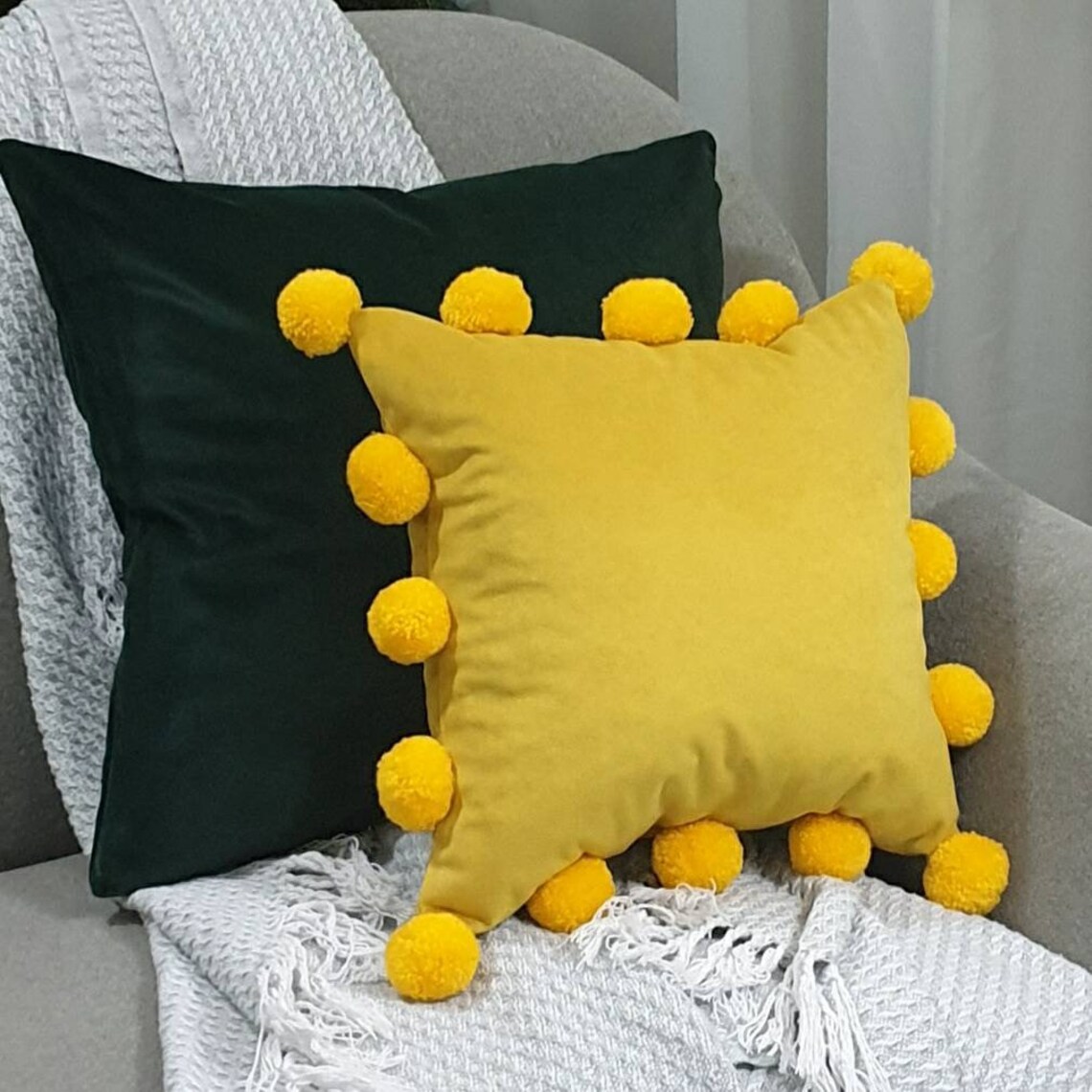 Round Mustard Pillow Cover Mustard Pom Pom Pillow Case Mustard Etsy