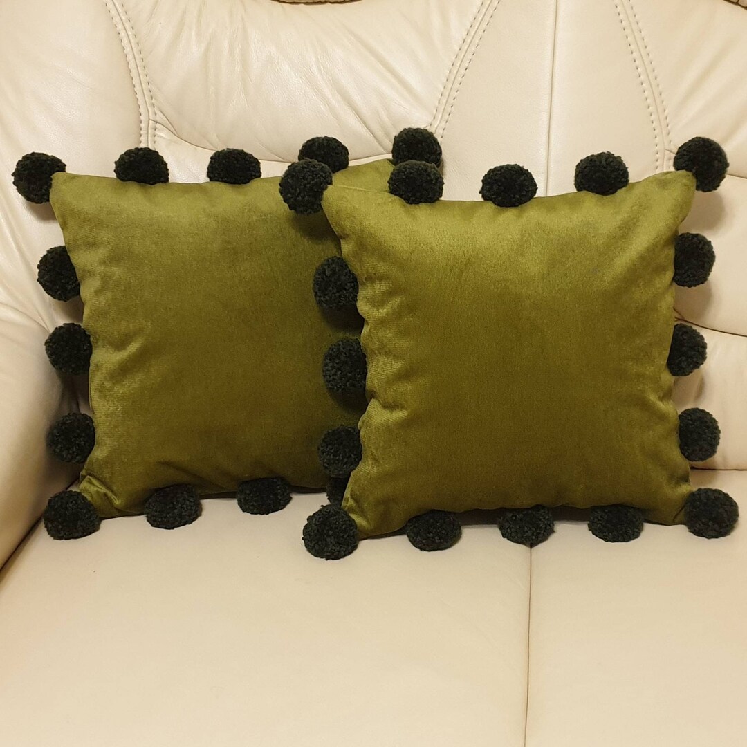 Olive Green Pillow Case With Pom Poms, Green Pom Pom Pillow Case