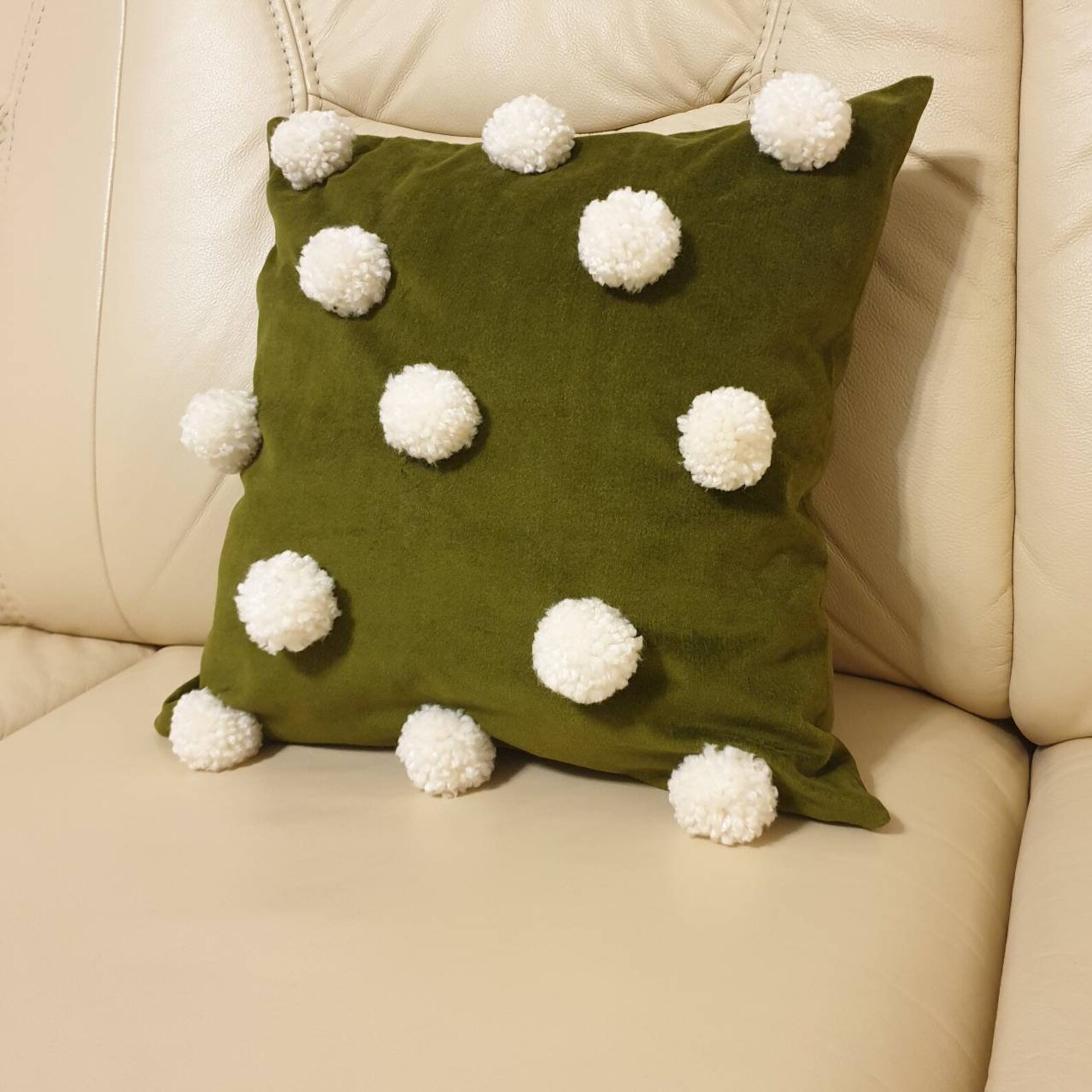 Olive Green Throw Pillow Cover With Pom Poms Green Pom Pom Etsy