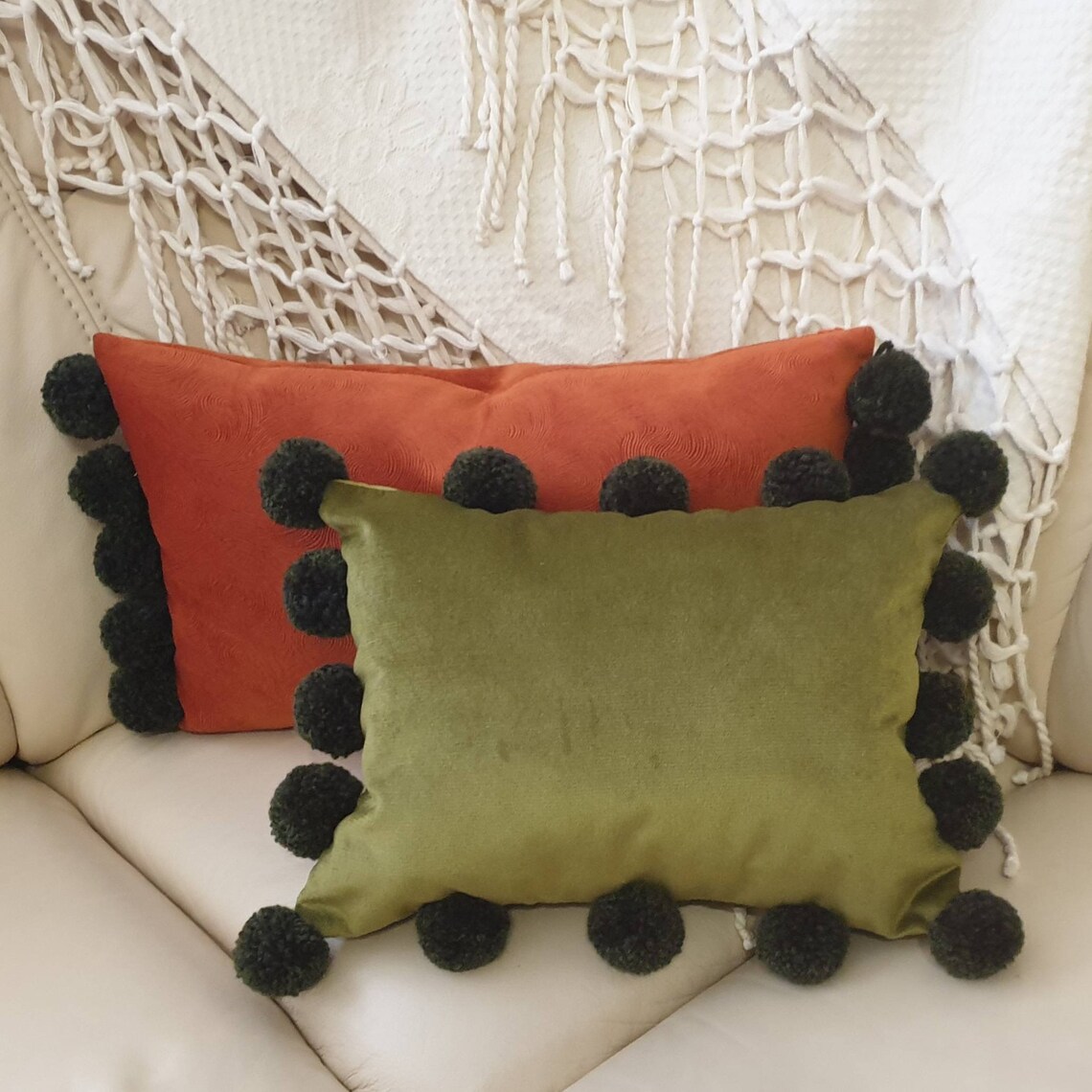 Burnt Orange Pillow Cover Lumbar Pillow Case Orange Pom Pom Etsy