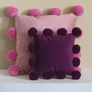 Purple Pom Pom Pillow, Purple Throw Pillow Cases, Egg-Plant Velvet Pillow, Purple Designer Pillows