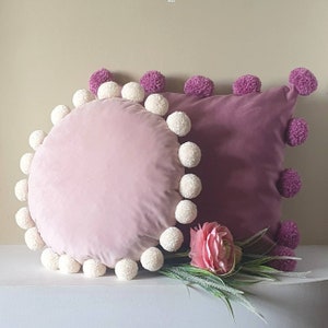 Blush Pink Round Pillow Case, Pink Pom Pom Pillow Cover, Rose Velvet Trow Pillow, Blush Pink Round Cushion Cover, Blush Circle Pillow