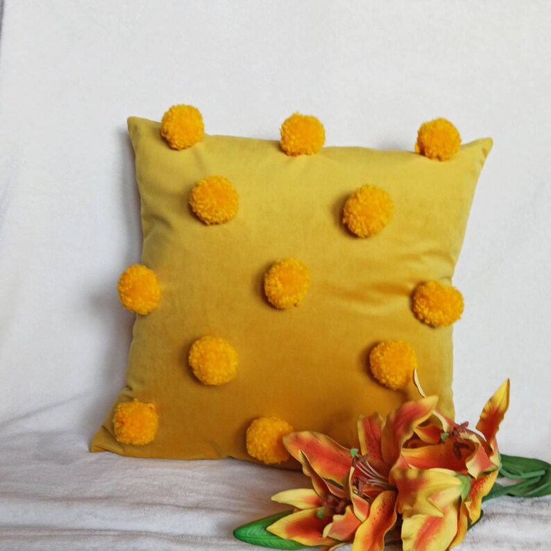 Yellow Pillow Cover with Pom Poms Mustard Pom Pom Pillow Etsy