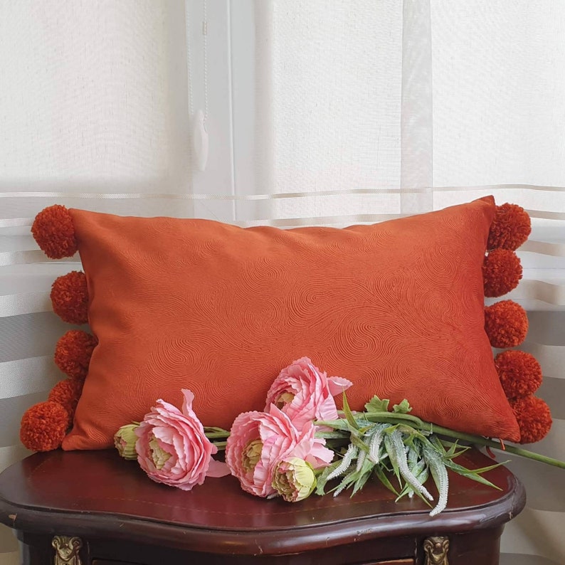Burnt Orange Lumbar Pillow Cover with Pom Poms Orange Pom Pom Etsy