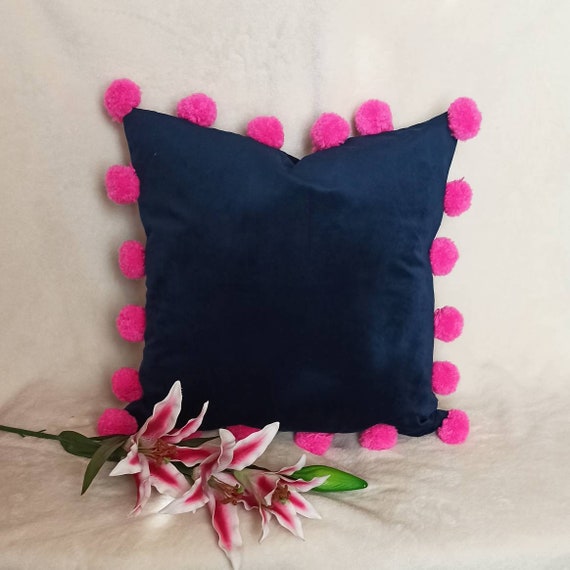 Navy Blue Pillow Cover with Hot Pink Pom Poms Pom Pom Pillow Etsy