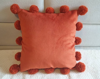Burnt Orange Pillow Cover with Pom Poms, Orange Pom Pom Pillow Case, Burnt Orange Velvet Pillow, Orange Throw Pillow, Designer Pillowcases