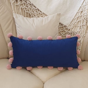 Navy Blue Pillow Cover with Pom Poms Navy Blue Pillow Cover with Pom Poms