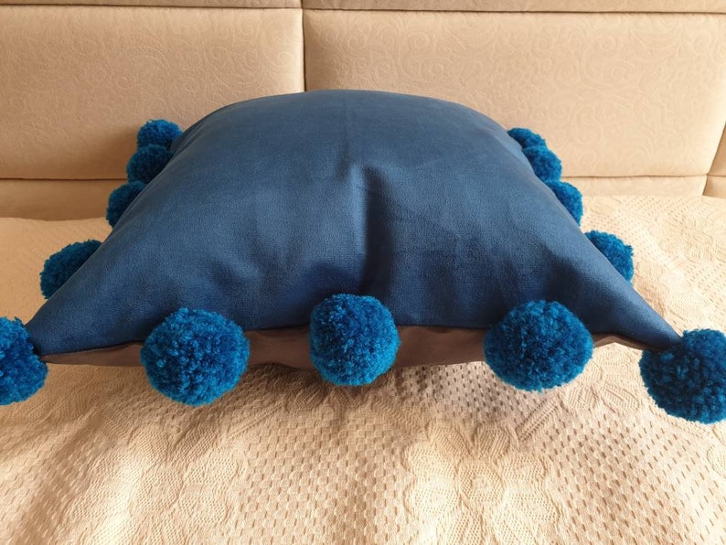 Navy Blue Pillow Cover With Pom Poms Blue Pom Pom Pillow Etsy