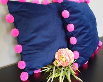 Navy Blue Pillow Cover With Hot Pink Pom Poms Pom Pom Pillow Case Navy Blue Velvet Pillow Blue Throw Pillow Kids Room Decor Pink Pompom Etsy