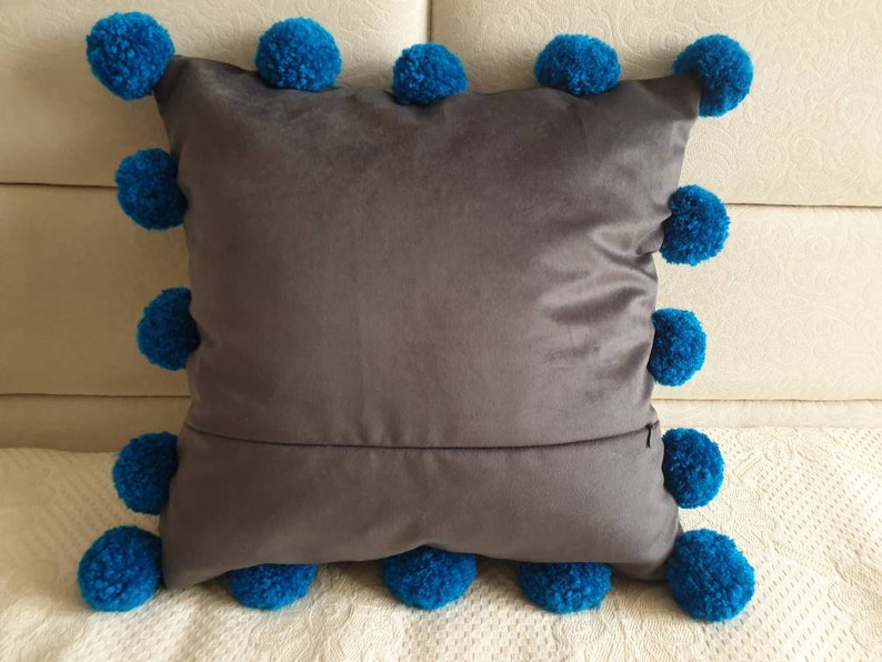 Navy Blue Pillow Cover With Pom Poms Blue Pom Pom Pillow Etsy