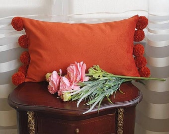 Burnt Orange Lumbar Pillow Cover with Pom Poms, Orange Pom Pom Pillow Case, Burnt Orange Velvet Pillow, Orange Throw Pillow, Room Decor