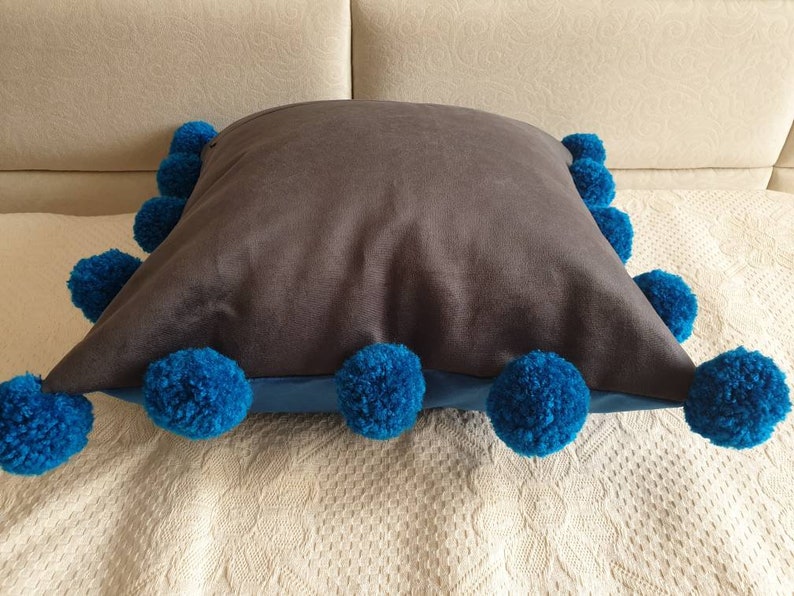 Navy Blue Pillow Cover With Pom Poms Blue Pom Pom Pillow Etsy