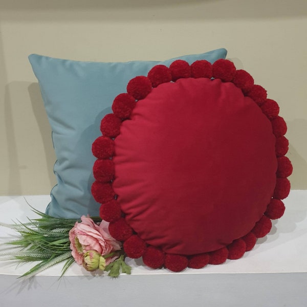 Christmas Red Round Pillow, Red Pom Pom Cushion Cover, Xmas Red Velvet Pillow, Red Throw Pillow, Red Pillow Cover, Circle Throw Pillow