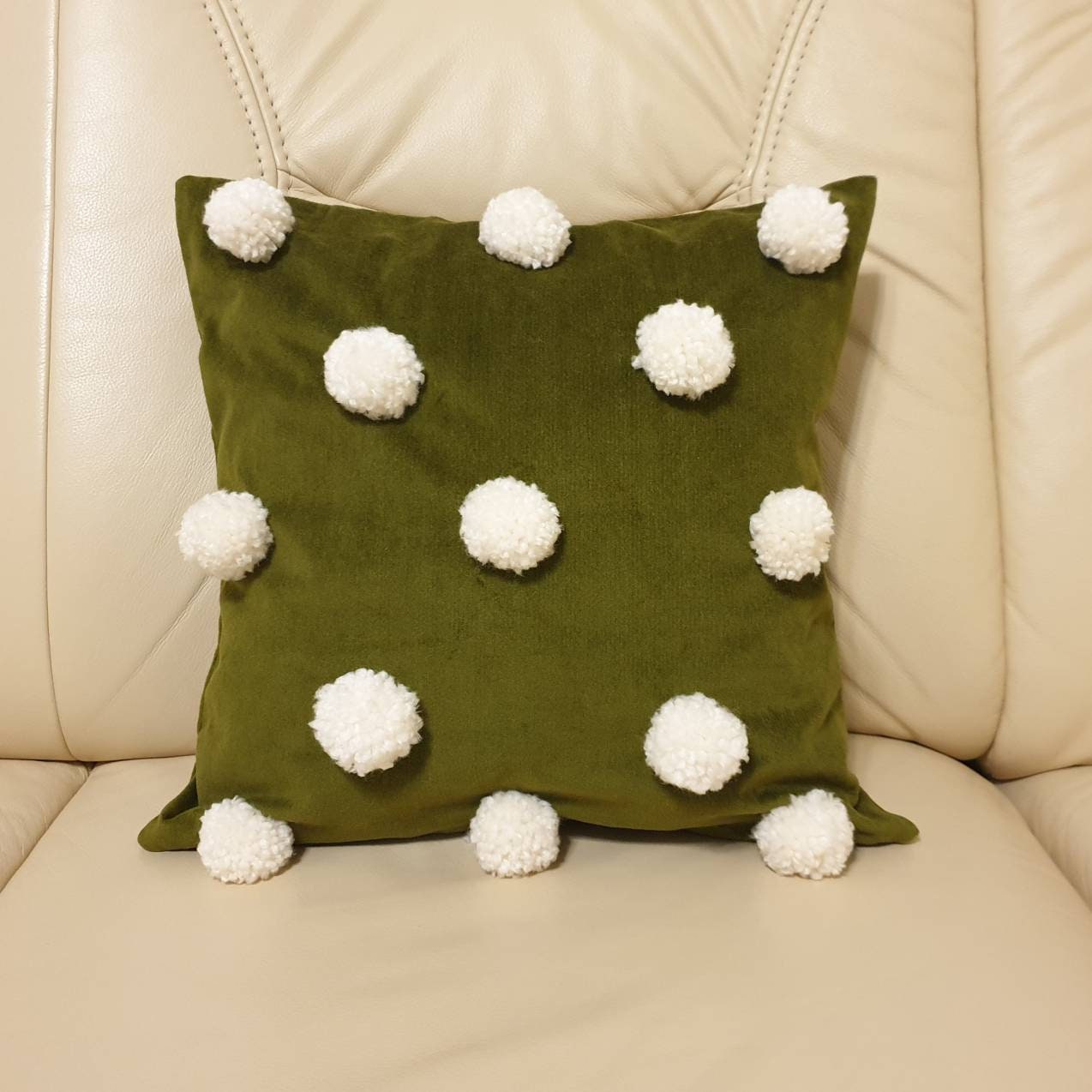 Olive Green Throw Pillow Cover with Pom Poms Green Pom Pom Etsy