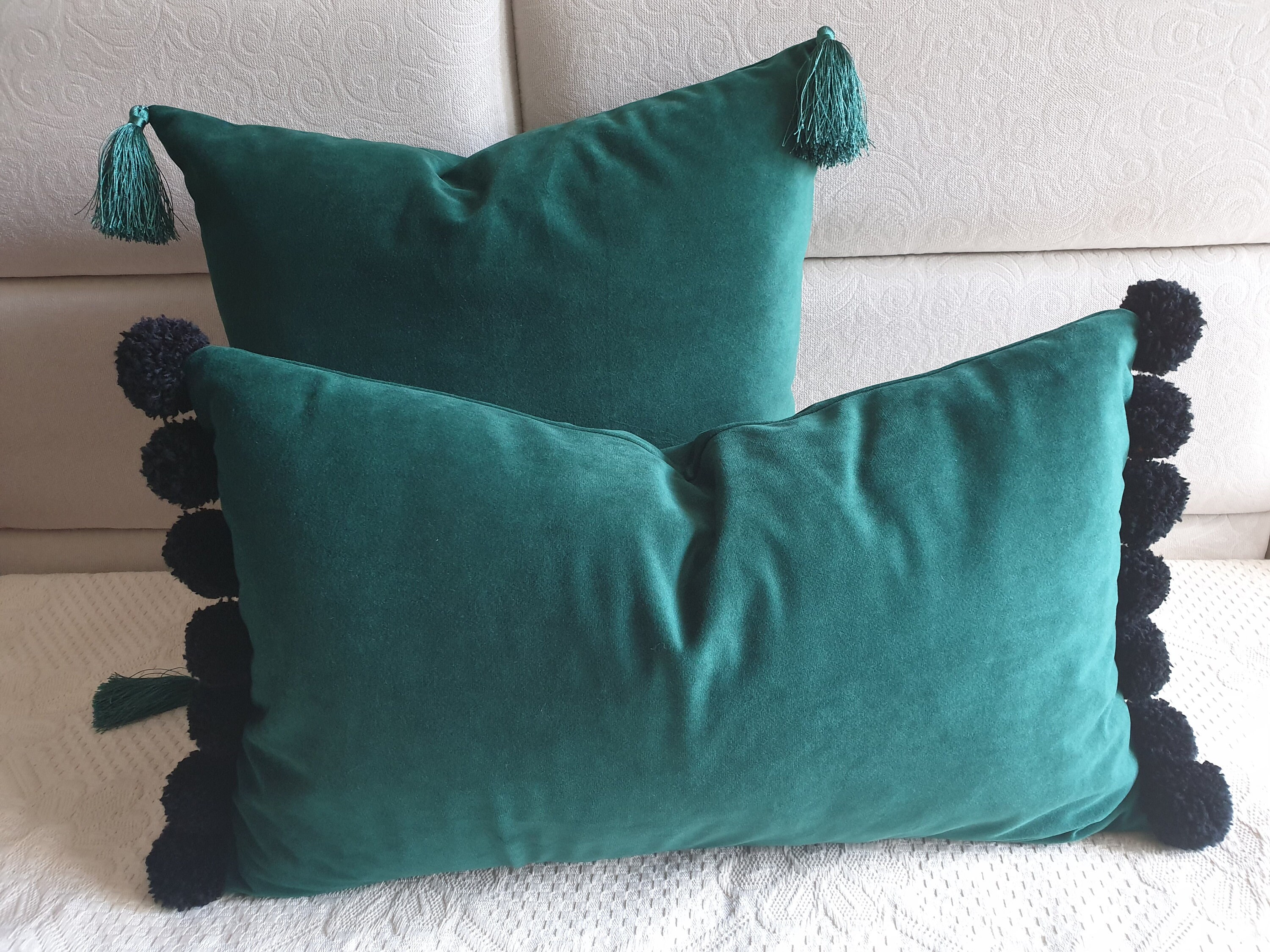 Emerald Green Pillow Cover Lumbar Pillow Case Green Pom Pom Etsy