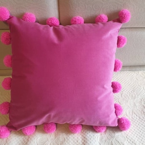 Hot Pink Velvet Pillow Cover, Pom Pom Cushion