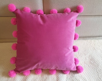 Hot Pink Pillow Case, Velvet Pom Pom Cushion Cover, Pink Pom Pom Pillow Cover, Pink Sofa Pillow, Pink Throw Pillow, Accent Pink Pillow