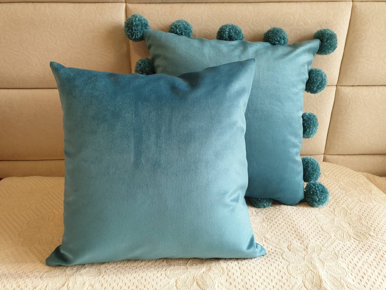Turquoise Blue Pillow Cover With Pom Poms Blue Pom Pom Pillow Etsy