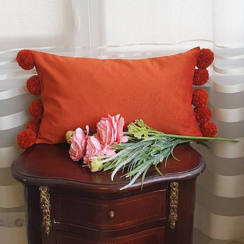 Burnt Orange Lumbar Pillow Cover with Pom Poms Orange Pom Pom Etsy