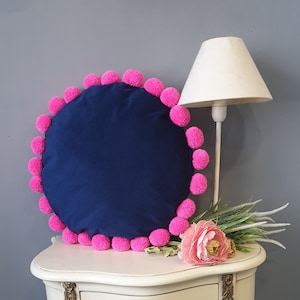 Navy Blue Round Pillow Case, Pom Pom Cushion Cover, Dark Blue Velvet Pillow, Blue Throw Pillow, Navy Blue Cushion Cover, Navy Circle Pillow