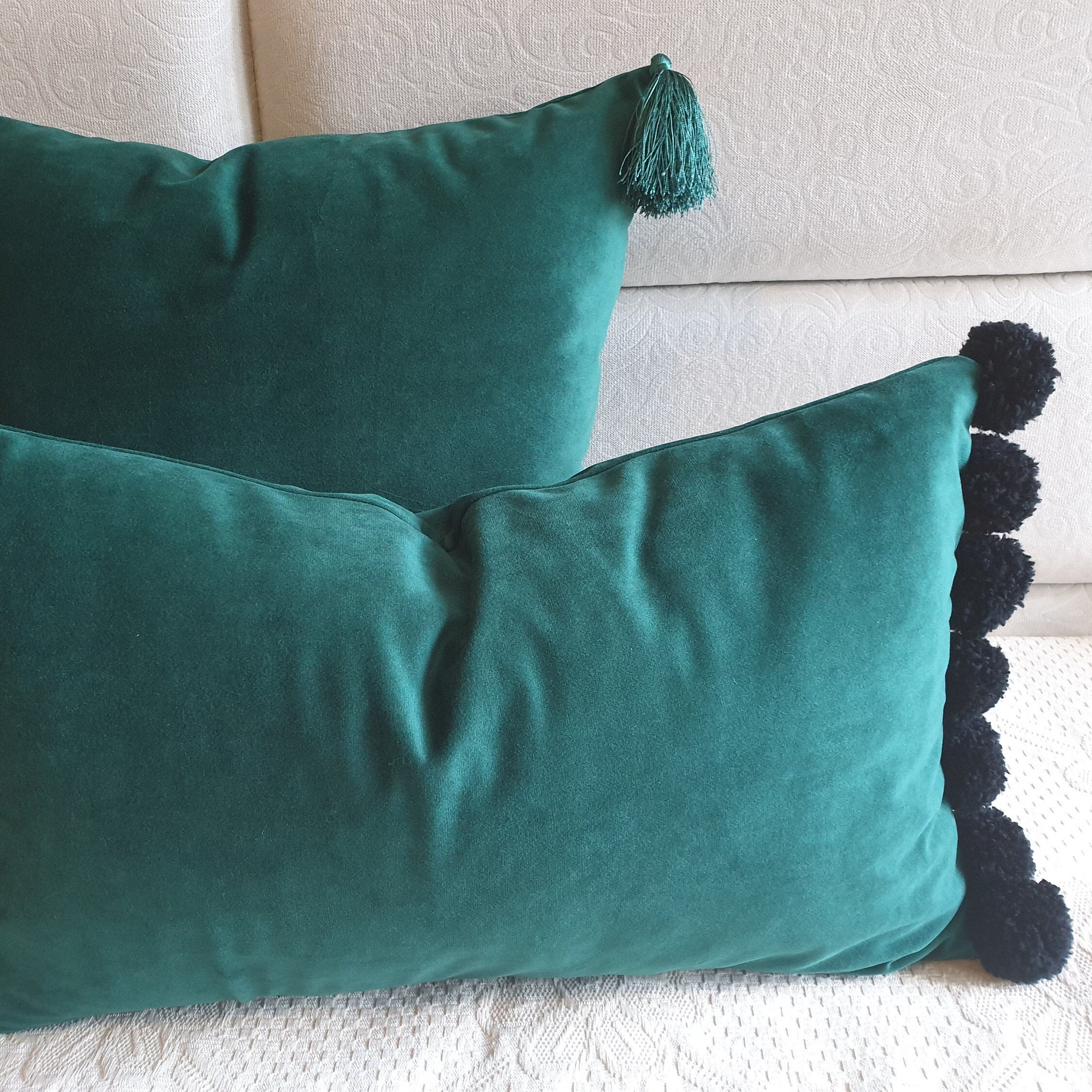 Emerald Green Pillow Cover Lumbar Pillow Case Green Pom Pom Etsy