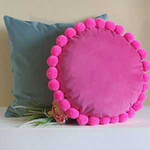 Hot Pink Round Pillow Case, Pink Pom Pom Cushion Cover, Rose Velvet Pillow, Pink Throw Pillow, Fuchsia Pillow Cover, Circle Throw Pillow