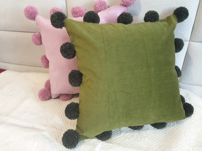 Olive Green Pillow Cover with Pom Poms Green Pom Pom Pillow Etsy