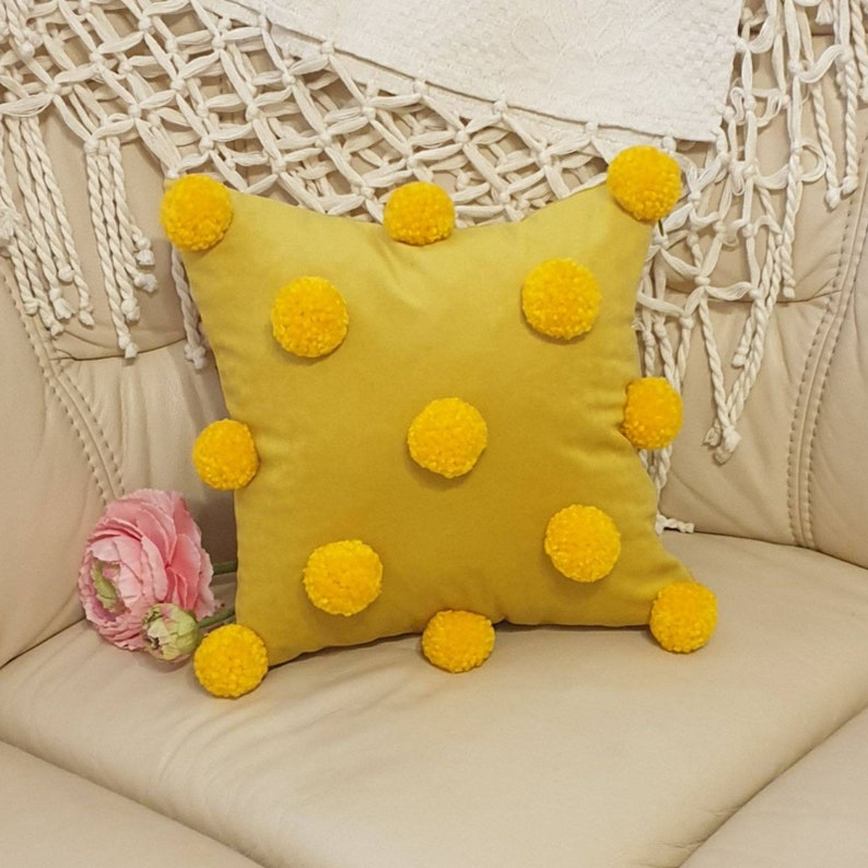 Yellow Pillow Cover with Pom Poms Mustard Pom Pom Pillow Etsy