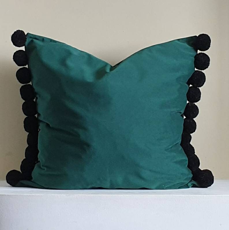 Emerald Green Pillow Cover Lumbar Pillow Case Green Pom Pom Etsy