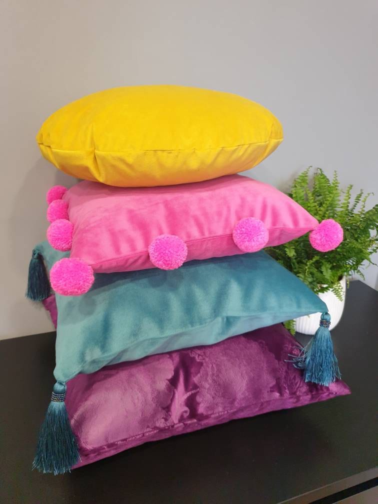 Hot Pink Pillow Case Velvet Pom Pom Cushion Cover Pink Pom Etsy