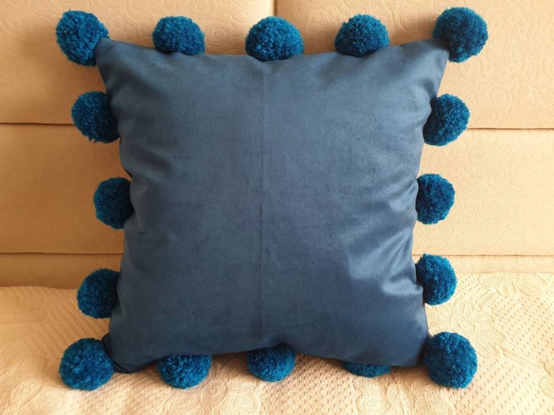 Navy Blue Pillow Cover With Pom Poms Blue Pom Pom Pillow Etsy