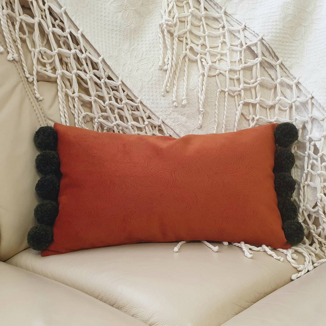 Burnt Orange Pillow Cover Lumbar Pillow Case Orange Pom Pom Etsy
