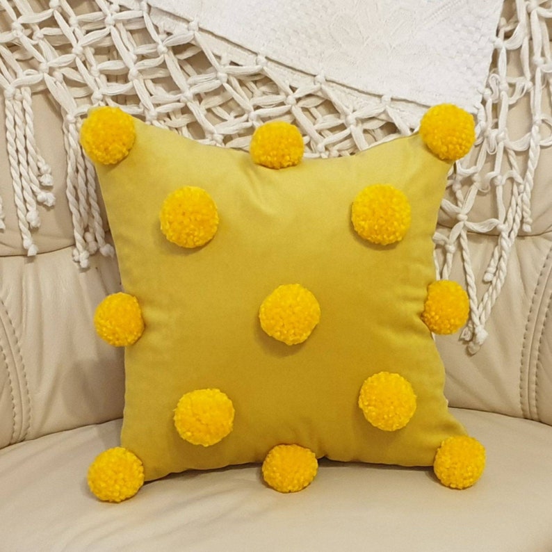 Yellow Pillow Cover with Pom Poms Mustard Pom Pom Pillow Etsy