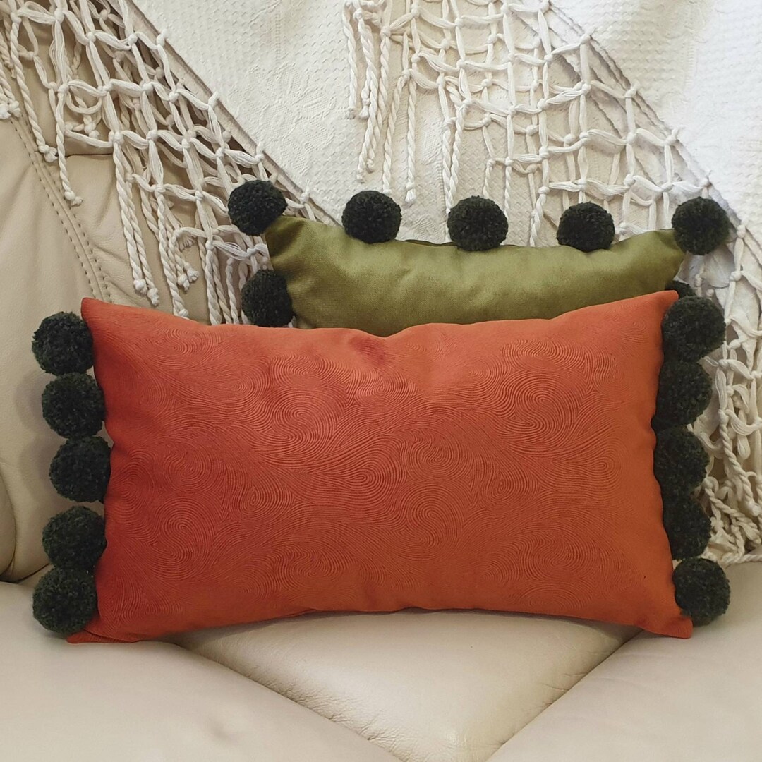 Burnt Orange Pillow Cover, Lumbar Pillow Case, Orange Pom Pom Pillow