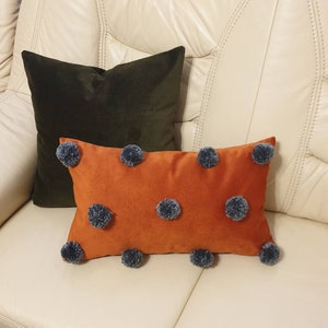 Burnt Orange Pillow Cover with Pom Poms, Orange Pom Pom Pillow Case, Velvet Throw Pillow, Velvet Pillow Case, Burnt Orange Cushion Cover