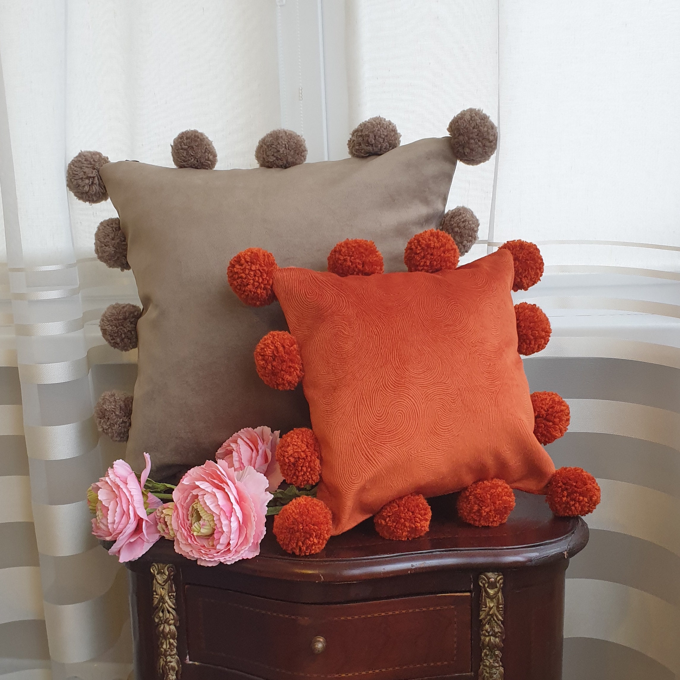 Burnt Orange Pillow Cover With Pom Poms Orange Pom Pom Pillow Etsy UK